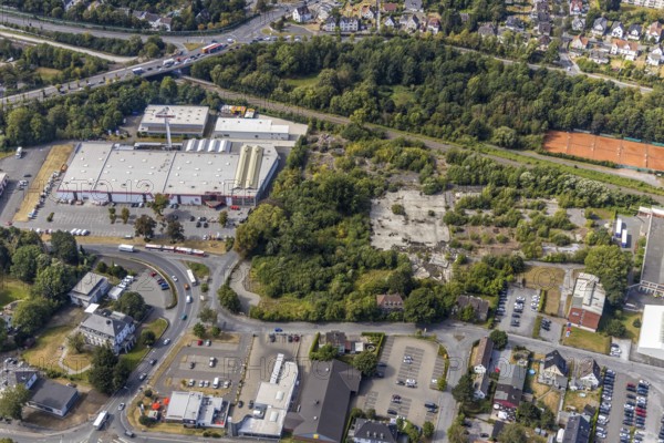 Aerial view, Evidal site, Carl-Benz-Straße construction area, Hellweg Baumarkt, Menden, Sauerland,