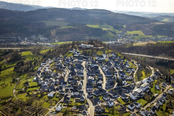 Aerial view, view of Eversberg, ruins of Eversberg Castle, Schlossberghalle Eversberg, St