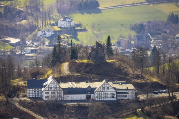 Aerial view, Eversberg Castle ruins, Schlossberghalle Eversberg, Eversberg, Meschede, Sauerland,