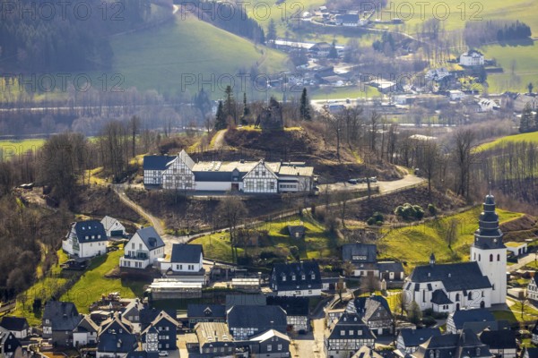 Aerial view, Eversberg Castle ruins, Schlossberghalle Eversberg, St.Johannes-Evangelist-Kirche,