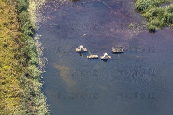 Aerial view, former sewage sludge landfill, concrete parts in pond, Menden, Sauerland, Märkischer