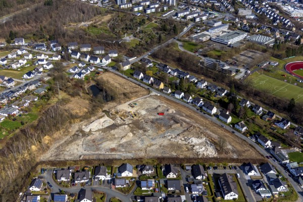 Aerial view, construction area residential development Waldstraße, former concrete plant