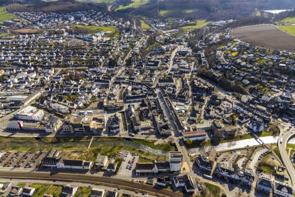 Aerial view, city centre view, river Ruhr, Coventry bridge, citizens' office Meschede, catholic