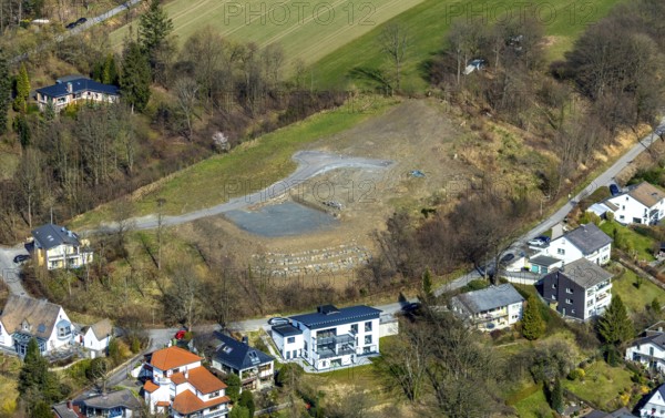 Aerial view, fallow land, residential area Unterm Hasenfeld, Meschede, Sauerland, North