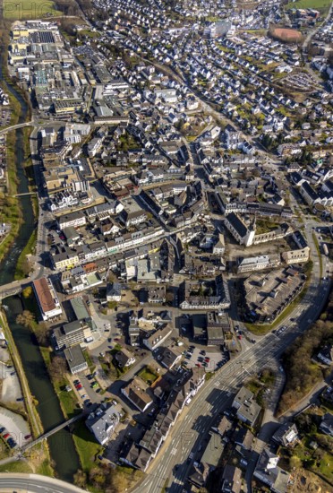 Aerial view, city centre view, river Ruhr, citizens' office Meschede, catholic parish church St.