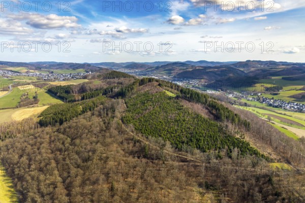 Aerial view, hilly landscape forest area at the garden city, Meschede, Sauerland, North