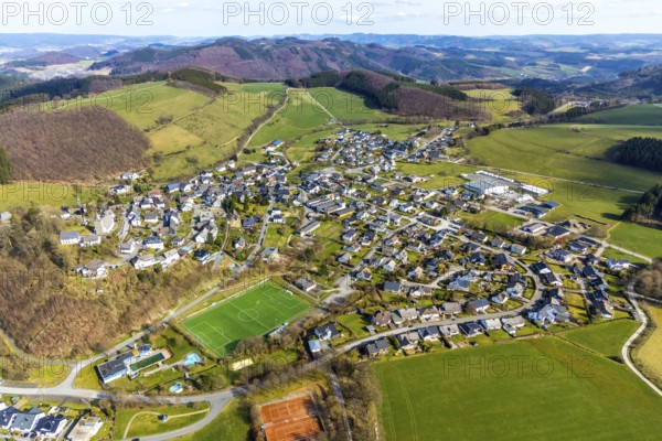 Aerial view, local view Grevenstein, sports field and tennis courts, Grevenstein, Meschede,