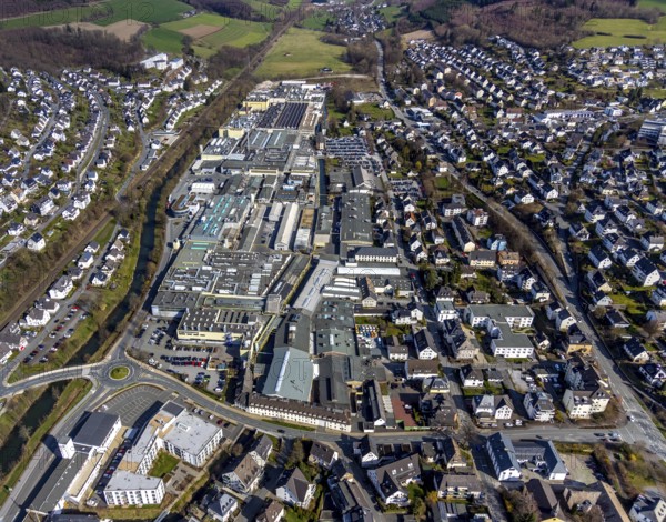 Aerial view, commercial area Fritz-Honsel-Straße, river Ruhr, Meschede, Sauerland, North