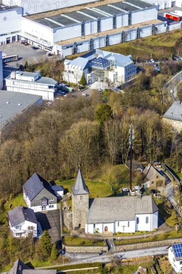 Aerial view, St. Antonius Einsiedler Church, company building Veltins Brewery, Grevenstein,