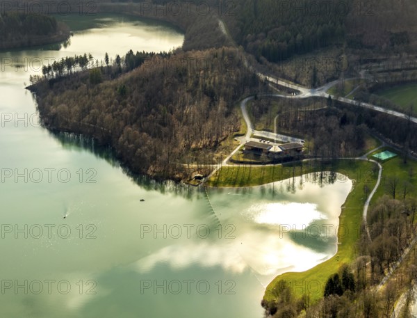 Aerial view, car park and excursion restaurant at the Hennetalsperre, H1, Hennesee, Berghausen,