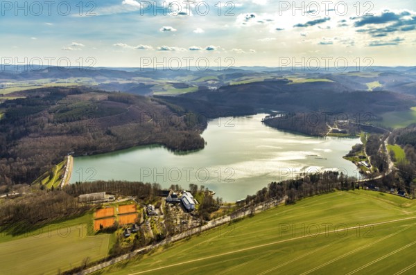 Aerial view, Hennetalsperre, Hennesee, Welcome Hotel Meschede Hennesee, Meschede, Sauerland, North