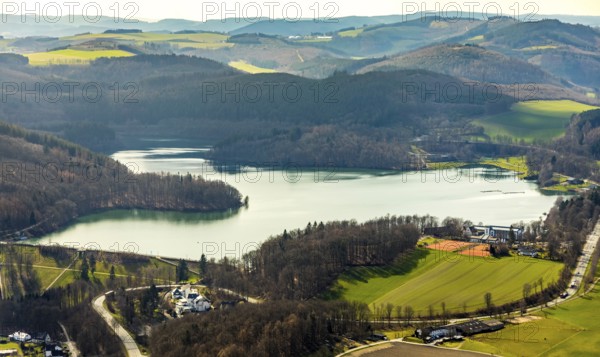 Aerial view, Hennetalsperre, Hennesee, forest area, Meschede, Sauerland, North Rhine-Westphalia,