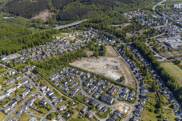 Aerial view, aerial view Meschede North, bridge of the motorway A46, construction site, Meschede,