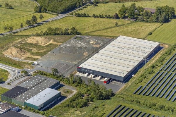 Aerial view, industrial estate Enste Nord, new building logistics centre Briloner Leuchten GmbH,