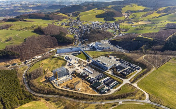 Aerial view, View of Grevenstein, Brewery C.& A. VELTINS GmbH & Co. KG, new high-bay warehouse,