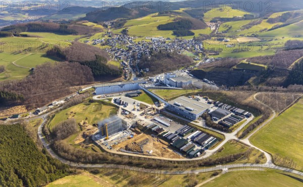 Aerial view, View of Grevenstein, Brewery C.& A. VELTINS GmbH & Co. KG, new high-bay warehouse,