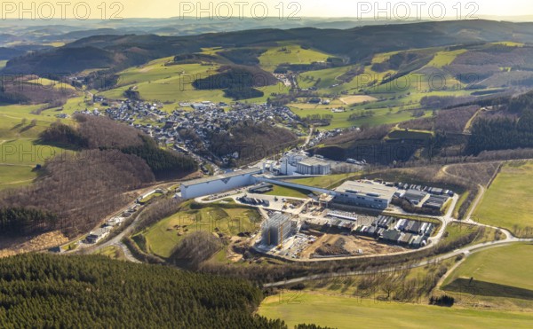 Aerial view, View of Grevenstein, Brewery C.& A. VELTINS GmbH & Co. KG, new high-bay warehouse,