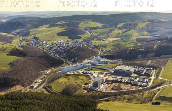 Aerial view, View of Grevenstein, Brewery C.& A. VELTINS GmbH & Co. KG, new high-bay warehouse,