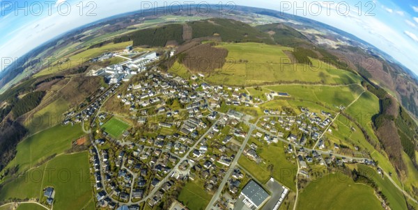Aerial view, View of Grevenstein, Brewery C.& A. VELTINS GmbH & Co. KG, new high-bay warehouse,