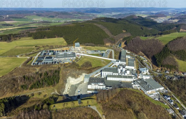 Aerial view, Brewery C.& A. VELTINS GmbH & Co. KG, new high-bay warehouse, Grevenstein, Meschede,