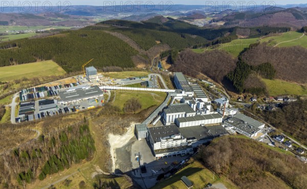 Aerial view, Brewery C.& A. VELTINS GmbH & Co. KG, new high-bay warehouse, Grevenstein, Meschede,