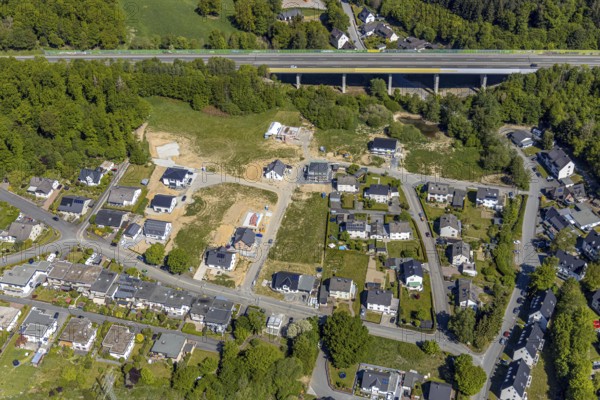 Aerial view, aerial view Meschede North, bridge of the motorway A46, construction site, Meschede,