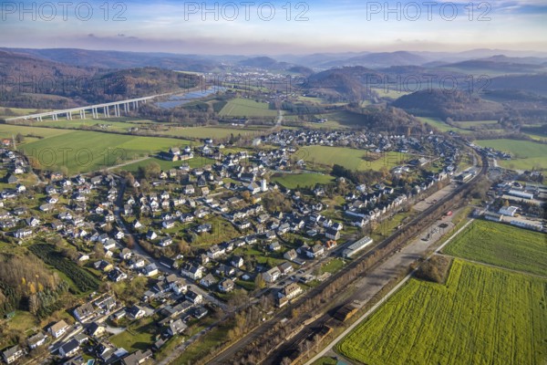 Aerial view, local view Wennemen, bridge motorway A46, Meschede, Sauerland, North Rhine-Westphalia,