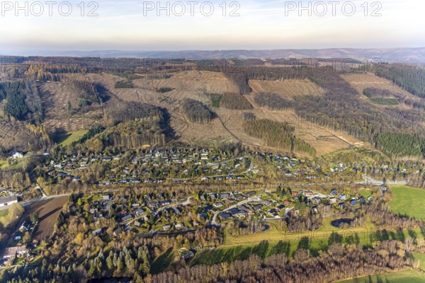 Aerial view, forest damage, deforestation, holiday settlement, holiday homes, view of Frenkhausen,