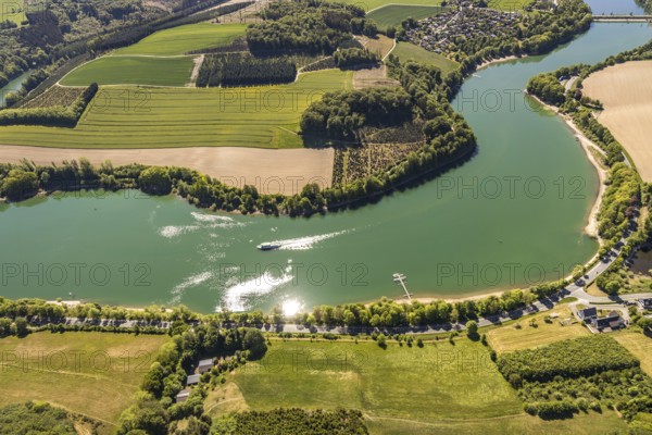 Aerial view, Hennetalsperre, Hennesee, excursion boat, Meschede, Sauerland, North Rhine-Westphalia,