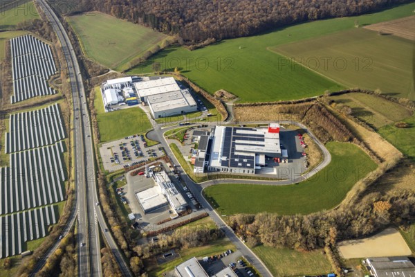 Aerial view, industrial estate Enste-Nord, Maschinenbau SH Anbaugeräte GmbH, Enste, Meschede,