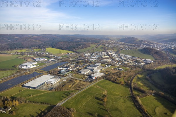 Aerial view, industrial estate Enste Nord, new construction logistics centre Briloner Leuchten,