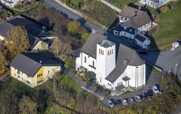 Aerial view, Catholic Church of St. Nicholas Wennemen, Wennemen, Meschede, Sauerland, North