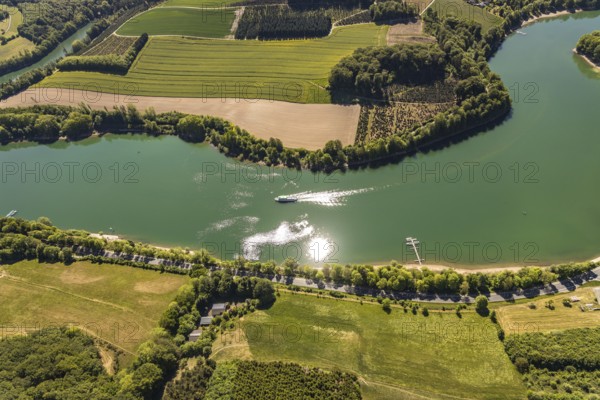 Aerial view, Hennetalsperre, Hennesee, excursion boat, Meschede, Sauerland, North Rhine-Westphalia,