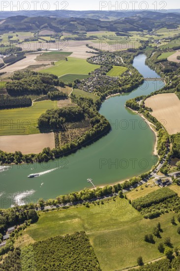 Aerial view, Hennetalsperre, Hennesee, excursion boat, holiday home complex Hennestrand, KNAUS