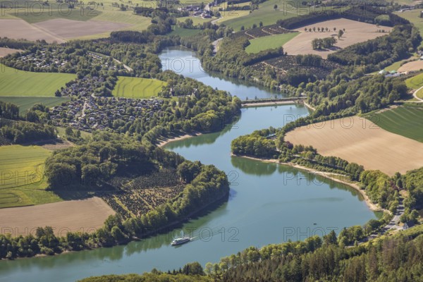 Aerial view, Hennetalsperre, Hennesee, excursion boat, holiday home complex Hennestrand, KNAUS