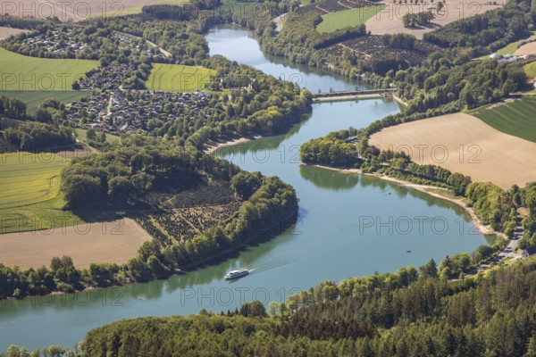 Aerial view, Hennetalsperre, Hennesee, excursion boat, holiday home complex Hennestrand, Meschede,