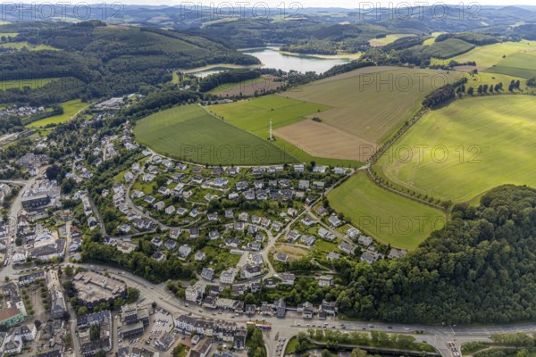 Aerial view, town view, Meschede, planned building area near Langelohweg, Hennesee, Hennetalsperre,