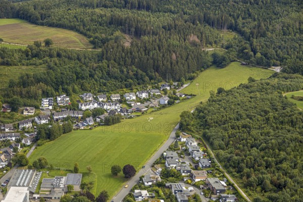 Aerial view, grammar school of the city of Meschede, meadow area Schederweg, planned building area