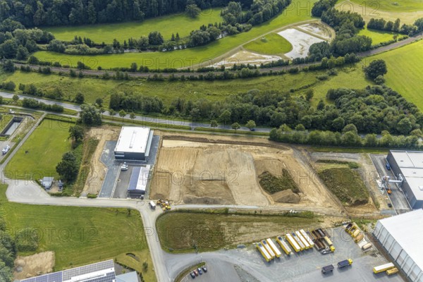 Aerial view, construction site new building Lausberg Kunststofftechnik, industrial estate
