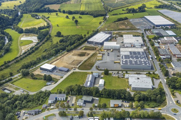 Aerial view, construction site new building Lausberg Kunststofftechnik, industrial estate