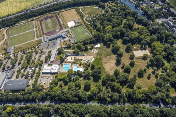 Aerial view, ENNI Solimare swimming pool, ENNI event hall, Mörser TV Hockey, Vinn, Mörs, Ruhr area,