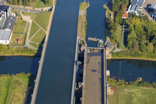 Aerial view, waterway junction Minden, river Weser, Mittellandkanal, Nordstadt, Minden,