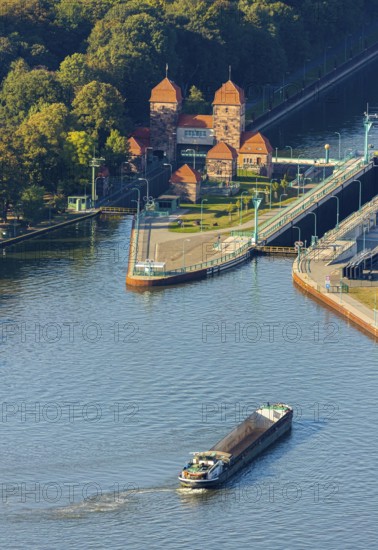 Aerial view, waterway junction Minden, Weserschleuse Minden, Nordstadt, Minden, Ostwestfalen-Lippe,