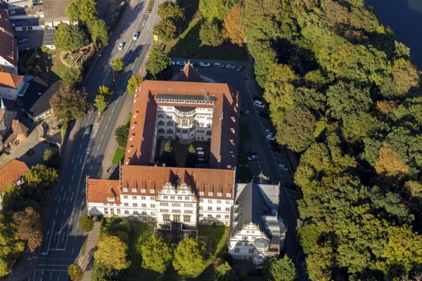 Aerial view, new government building at Weserglacis, city centre, Minden, Ostwestfalen-Lippe, OWL,
