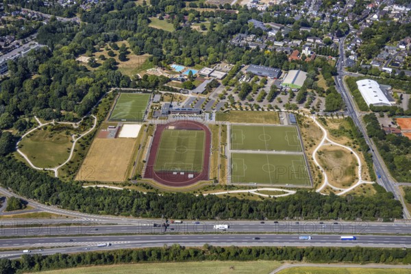 Aerial view, motorway junction 8 Mörs, motorway A40, Mörser TV Hockey, TPM Tennis-Park Mörs, Mörs,