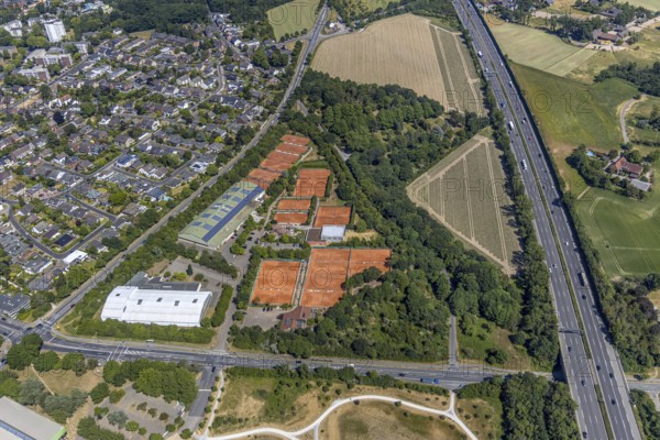 Aerial view, motorway A40, Tennisclub Blau-Weiß Mörs, TPM Tennis-Park Mörs, Vinn, Mörs, Ruhr area,