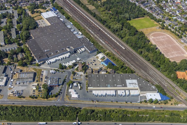 Aerial view, motorway A40, Venloher Straße, Ruhrorter Straße, EDEKA Frischecenter Mörs, logistics