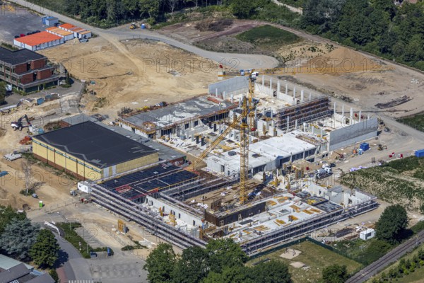 Aerial view, Berufskolleg für Technik Mörs, construction site of new school building,