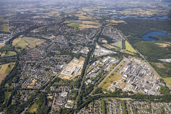 Aerial view, Rheinpreussen slagheap, forest lake, overview Utfort, Rheinberger Straße, Mörs, Ruhr