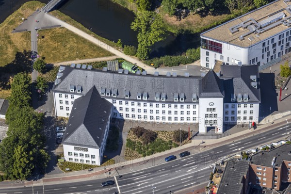 Aerial view, town hall Mörs, Stadtgraben, Unterwallstraße, Mörs, Ruhr area, North Rhine-Westphalia,